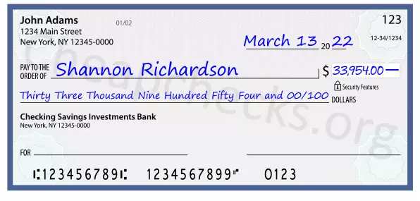 Thirty Three Thousand Nine Hundred Fifty Four and 00/100 filled out on a check