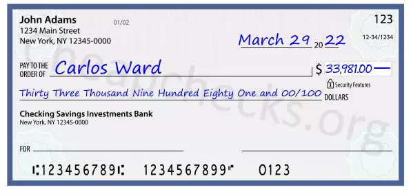 Thirty Three Thousand Nine Hundred Eighty One and 00/100 filled out on a check