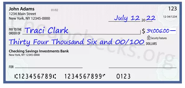 Thirty Four Thousand Six and 00/100 filled out on a check