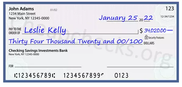 Thirty Four Thousand Twenty and 00/100 filled out on a check