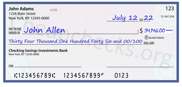 Thirty Four Thousand One Hundred Forty Six and 00/100 filled out on a check