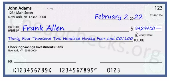 Thirty Four Thousand Two Hundred Ninety Four and 00/100 filled out on a check