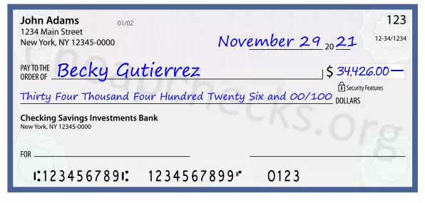 Thirty Four Thousand Four Hundred Twenty Six and 00/100 filled out on a check