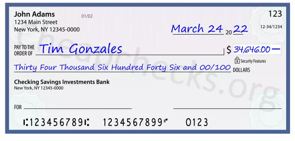 Thirty Four Thousand Six Hundred Forty Six and 00/100 filled out on a check