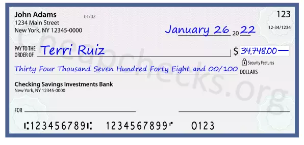 Thirty Four Thousand Seven Hundred Forty Eight and 00/100 filled out on a check