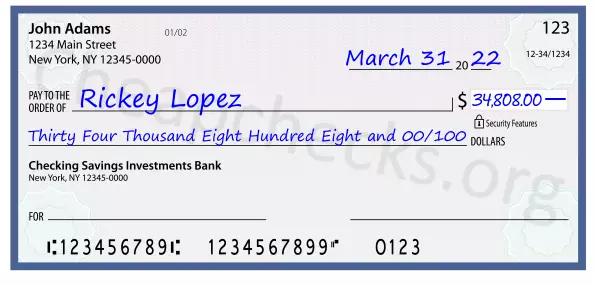 Thirty Four Thousand Eight Hundred Eight and 00/100 filled out on a check