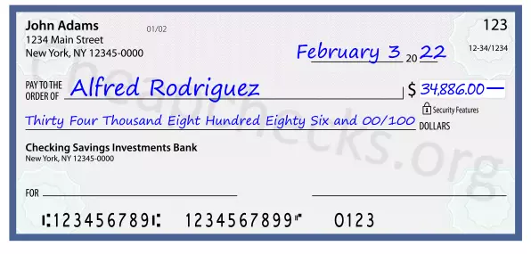 Thirty Four Thousand Eight Hundred Eighty Six and 00/100 filled out on a check