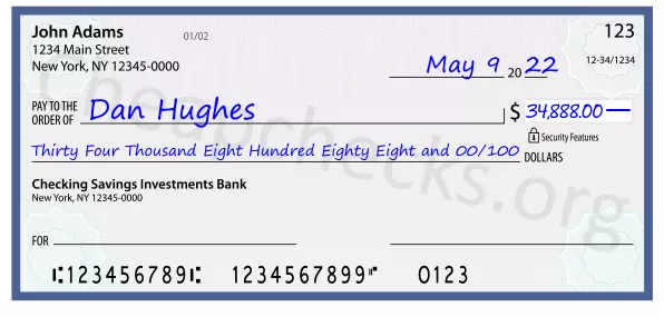 Thirty Four Thousand Eight Hundred Eighty Eight and 00/100 filled out on a check