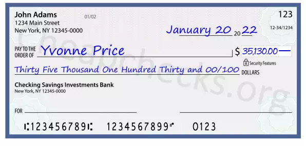 Thirty Five Thousand One Hundred Thirty and 00/100 filled out on a check