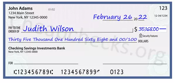 Thirty Five Thousand One Hundred Sixty Eight and 00/100 filled out on a check