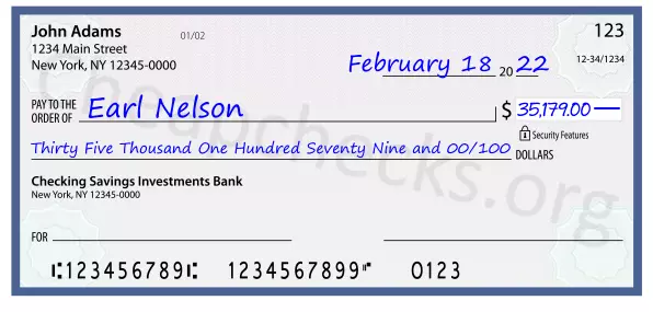 Thirty Five Thousand One Hundred Seventy Nine and 00/100 filled out on a check