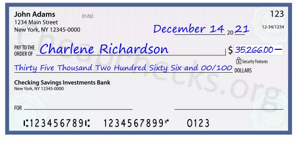 Thirty Five Thousand Two Hundred Sixty Six and 00/100 filled out on a check