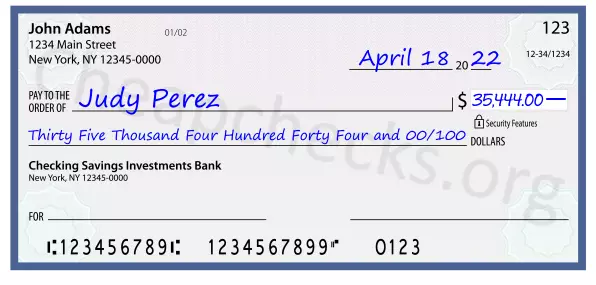 Thirty Five Thousand Four Hundred Forty Four and 00/100 filled out on a check