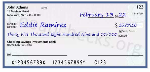 Thirty Five Thousand Eight Hundred Nine and 00/100 filled out on a check