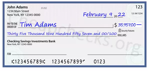 Thirty Five Thousand Nine Hundred Fifty Seven and 00/100 filled out on a check