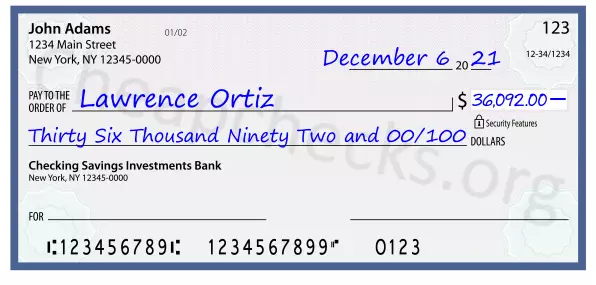 Thirty Six Thousand Ninety Two and 00/100 filled out on a check