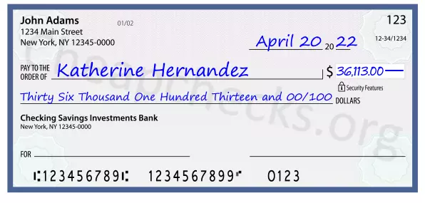 Thirty Six Thousand One Hundred Thirteen and 00/100 filled out on a check