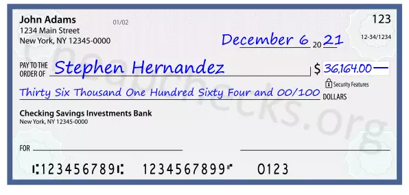 Thirty Six Thousand One Hundred Sixty Four and 00/100 filled out on a check