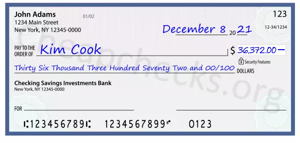 Thirty Six Thousand Three Hundred Seventy Two and 00/100 filled out on a check