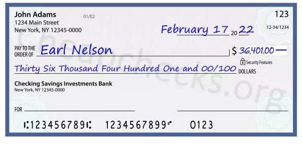 Thirty Six Thousand Four Hundred One and 00/100 filled out on a check