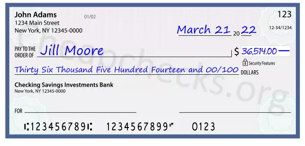 Thirty Six Thousand Five Hundred Fourteen and 00/100 filled out on a check