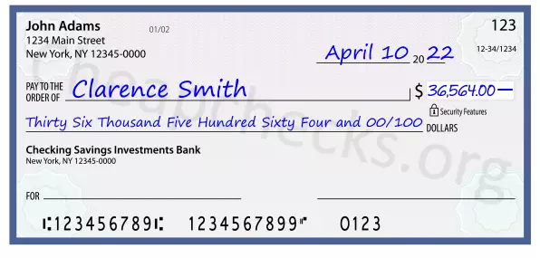 Thirty Six Thousand Five Hundred Sixty Four and 00/100 filled out on a check