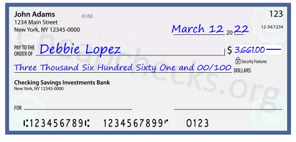 Three Thousand Six Hundred Sixty One and 00/100 filled out on a check