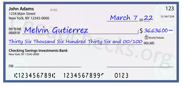 Thirty Six Thousand Six Hundred Thirty Six and 00/100 filled out on a check