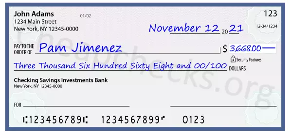 Three Thousand Six Hundred Sixty Eight and 00/100 filled out on a check