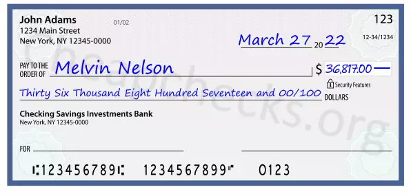 Thirty Six Thousand Eight Hundred Seventeen and 00/100 filled out on a check