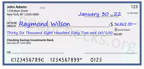 Thirty Six Thousand Eight Hundred Sixty Two and 00/100 filled out on a check