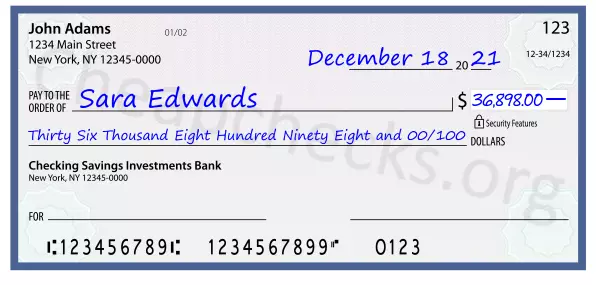 Thirty Six Thousand Eight Hundred Ninety Eight and 00/100 filled out on a check