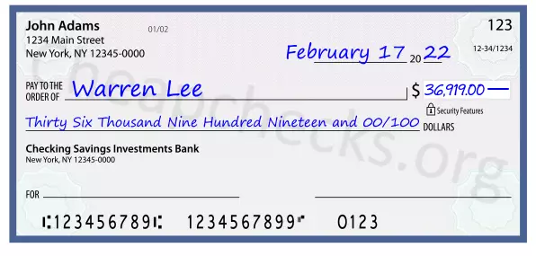 Thirty Six Thousand Nine Hundred Nineteen and 00/100 filled out on a check