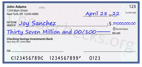 Thirty Seven Million and 00/100 filled out on a check
