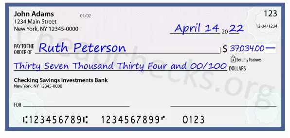 Thirty Seven Thousand Thirty Four and 00/100 filled out on a check