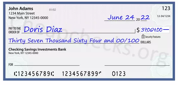 Thirty Seven Thousand Sixty Four and 00/100 filled out on a check