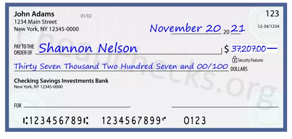 Thirty Seven Thousand Two Hundred Seven and 00/100 filled out on a check