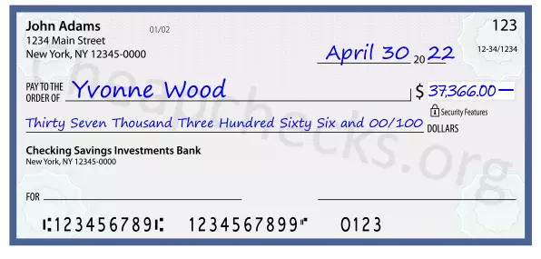 Thirty Seven Thousand Three Hundred Sixty Six and 00/100 filled out on a check