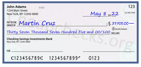 Thirty Seven Thousand Seven Hundred Five and 00/100 filled out on a check