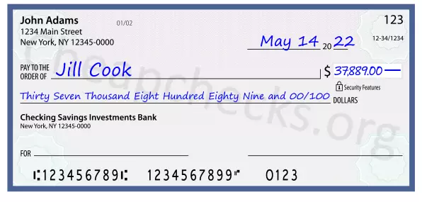 Thirty Seven Thousand Eight Hundred Eighty Nine and 00/100 filled out on a check