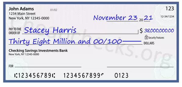 Thirty Eight Million and 00/100 filled out on a check