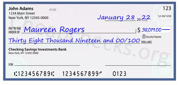 Thirty Eight Thousand Nineteen and 00/100 filled out on a check