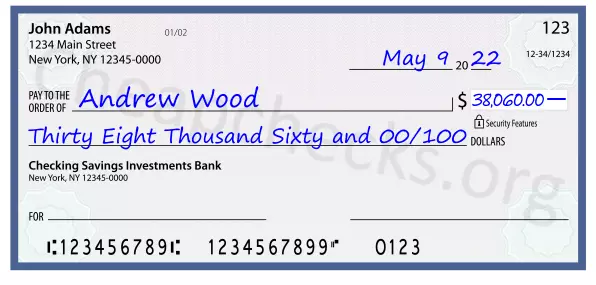 Thirty Eight Thousand Sixty and 00/100 filled out on a check