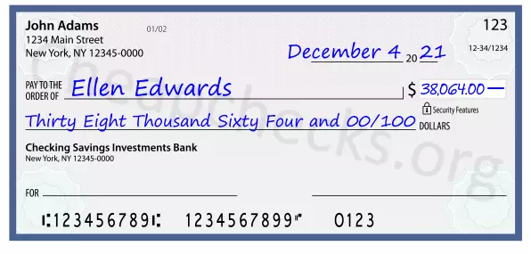 Thirty Eight Thousand Sixty Four and 00/100 filled out on a check