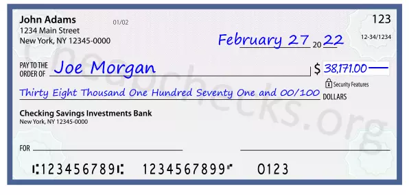 Thirty Eight Thousand One Hundred Seventy One and 00/100 filled out on a check