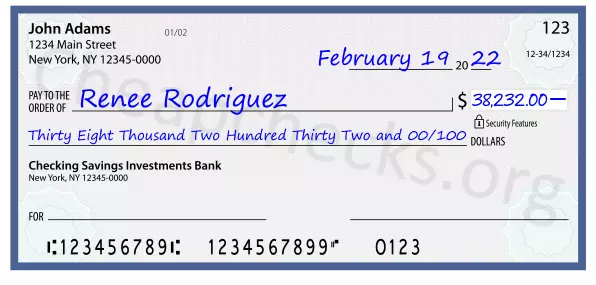 Thirty Eight Thousand Two Hundred Thirty Two and 00/100 filled out on a check