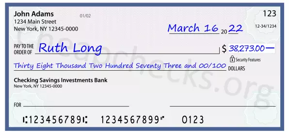 Thirty Eight Thousand Two Hundred Seventy Three and 00/100 filled out on a check