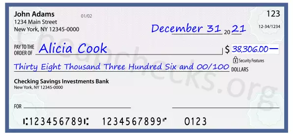 Thirty Eight Thousand Three Hundred Six and 00/100 filled out on a check