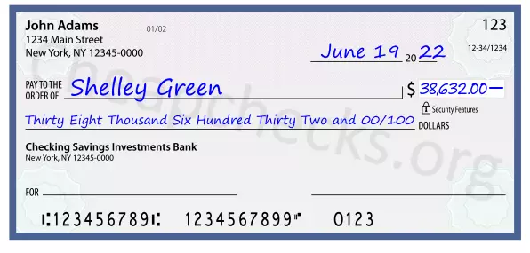 Thirty Eight Thousand Six Hundred Thirty Two and 00/100 filled out on a check