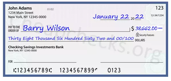 Thirty Eight Thousand Six Hundred Sixty Two and 00/100 filled out on a check